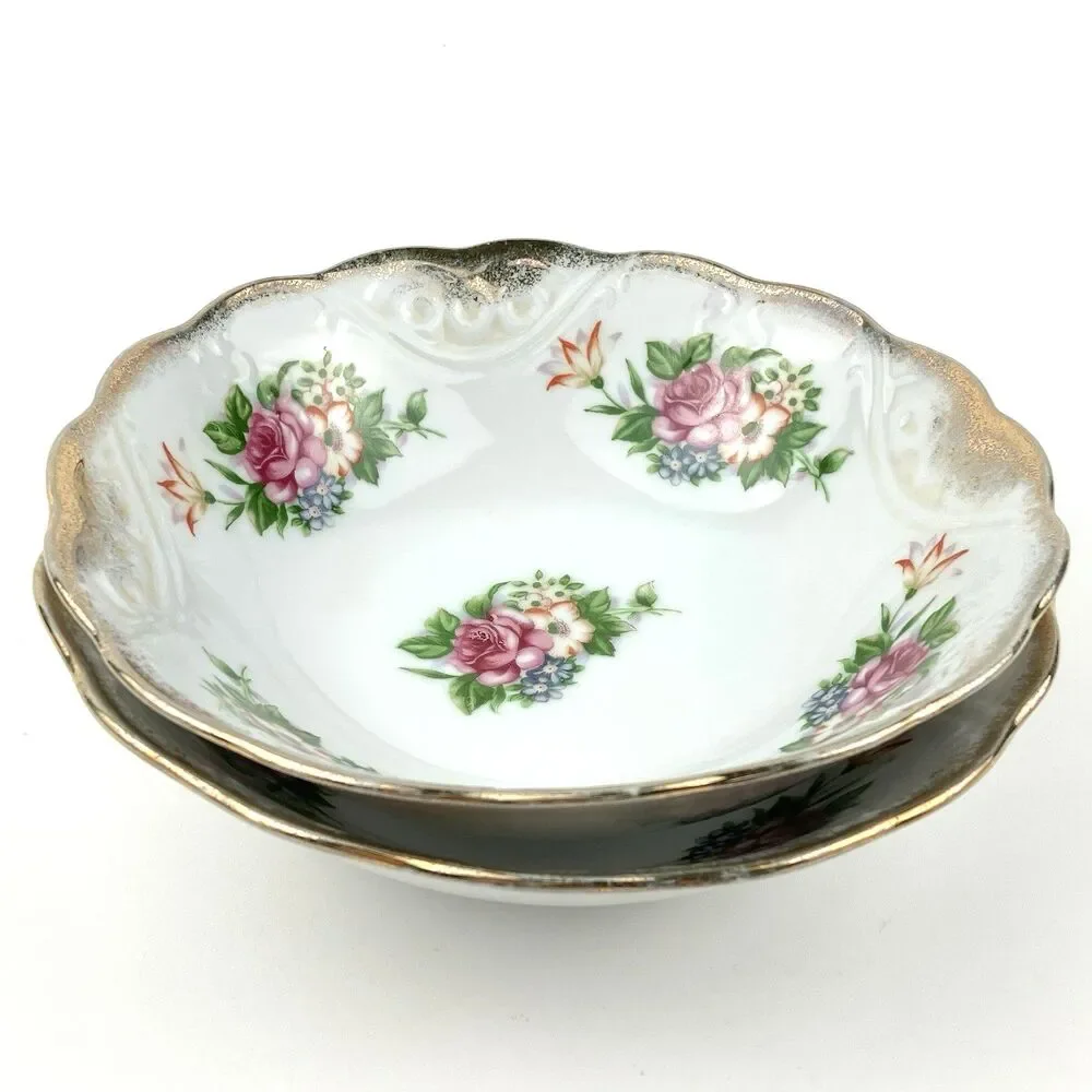Vintage Porcelain Bowl Set Of 2 Classic Hand-Painted Pink Rose Floral  Gold Edge